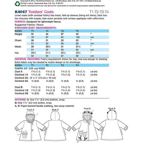 Kwik Sew 4067 Toddler/'s Size T1 T3 T4 Uncut Kwik Sew K4067 T2 Toddlers/' Lined Hooded Coats Sewing Pattern